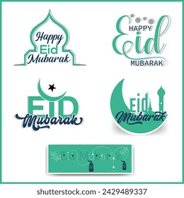 Set of emblems for islamic holiday  with paper cut style happy Eid Mubarak vector design.