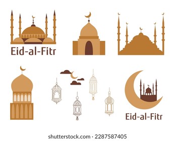 Set of emblems for islamic holiday. Ramadan traditions. Eid-al-Fitr greeting. Best badges set for your design. Mosque, moon. lanterns