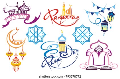 Set of emblems for islamic holy holiday Ramadan. Ramadan traditions. Ramadan greeting.