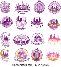 Set of emblems for Islamic holy Ramadan traditions. Ramadan greeting. Best badges set for your design. Easy for edit and use. Vector design set for Ramadan Kareem.
