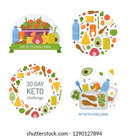 Set of emblems for keto challenge. Ketogenic diet concept. Promotional products. Flat design. Vector illustration.