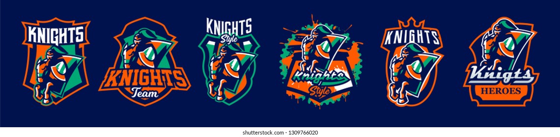Set of emblems of a knight on a horse. A warrior galloping on a horse, a knight in armor. Sword of a soldier and armor of a swordsman. Colorful collection, vector illustration
