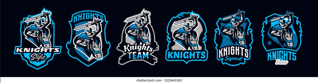Set of emblems of a knight on a horse. A warrior galloping on a horse, a knight in armor. Sword of a soldier and armor of a swordsman. Colorful collection, vector illustration
