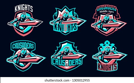 Set of emblems of a knight waving a sword. Paladin and his sword, a warrior in armor, a swordsman. Colorful collection, vector illustration