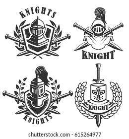 Set Of The Emblems With Knights Helmets And Swords. Design Elements For Logo, Label, Badge, Sign. Vector Illustration