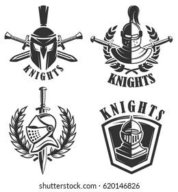 Set of the emblems with knights helmets and swords. Design elements for logo, label, badge, sign. Vector illustration