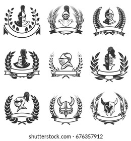 Set of the emblems with knights helmets and swords. Design elements for logo, label, badge, sign. Vector illustration