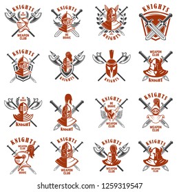 Set of emblems with knights, swords and shields. Design element for logo, label, emblem, sign, poster, t shirt. Vector illustration