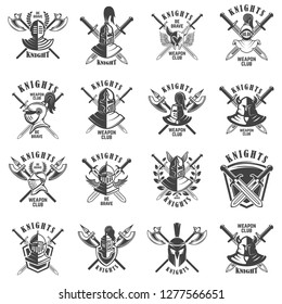 Set of emblems with knights, swords and shields. Design element for logo, label, emblem, sign, poster, t shirt. Vector illustration