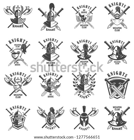 Set of emblems with knights, swords and shields. Design element for logo, label, emblem, sign, poster, t shirt. Vector illustration