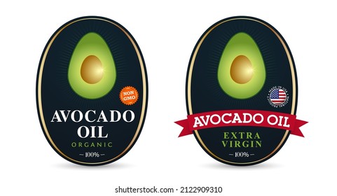 Conjunto de emblemas y etiquetas para el embalaje de aceite de aguacate. Vocado maduro con pozo. Concepto de producción de aceite de aguacate no OMG 