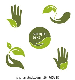 Set of emblems and labels with human hands and green leaves for ecology, gardening, natural beauty and health design