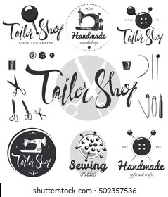 Set of emblems, labels, logos, icons, sewing items, llettering handwritten logo. Tailor Shop Handmade Custom Clothing