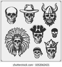 Set of emblems and labels with skulls. King, Viking, Indian and Pirate.