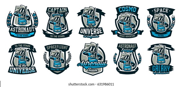 A set of emblems, logos, an astronaut salutes and holds a flag. Flight to the moon, space, intergalactic journey, universe, shield. Vector illustration, printing on T-shirts