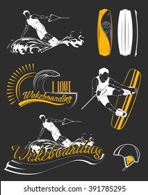 Set of emblems logos gear, silhouettes and labels wakeboard and wakeboarding. Collection of equipment for water sport. Elements boards wakeboarding, clothing, transportation. Wakeboarding silhouettes.