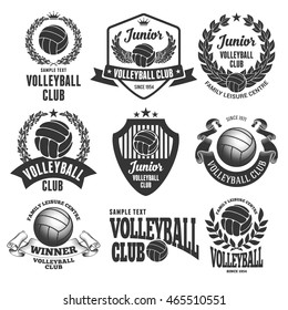Set of Emblems, Logos and Labels on Volleyball Theme and for Volleyball Club. Vector Illustration. Isolated on White Background.
