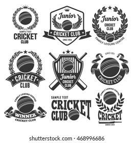 Set of Emblems, Logos and Labels on Cricket Theme and for Cricket Club. Vector Illustration. Isolated on White Background.