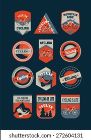 Set of emblems and logos in retro colors on a theme tourism cycling