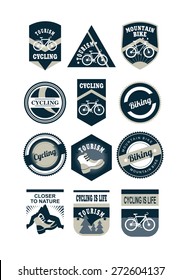 Set of emblems and logos in retro colors on a theme tourism cycling black on a white background