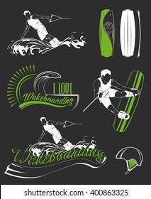 Set of emblems, logos, silhouettes and labels wakeboard and wakeboarding. Collection of equipment for water sport. Elements boards wakeboarding, clothing and transportation. Wakeboarding silhouettes.