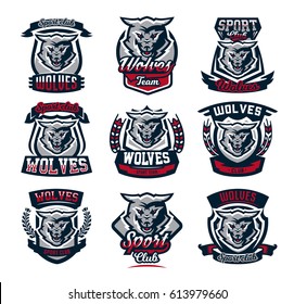 Set emblems, logos, stickers, aggressive wolf ready to attack predator. Vector illustration, printing on T-shirts.