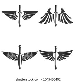 Set of emblems with medieval sword and wings. Design element for logo, label, emblem, sign. Vector illustration
