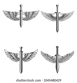 Set of emblems with medieval sword and wings. Design element for logo, label, emblem, sign. Vector illustration