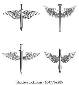 Set Emblems Medieval Sword Wings Design Stock Vector (Royalty Free ...