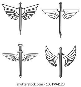 Set Emblems Medieval Sword Wings Design Stock Vector (Royalty Free ...