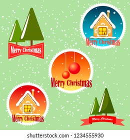 Set of emblems merry christmas on green background with snow