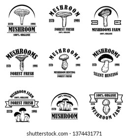 Set of emblems with mushrooms. Design element for poster, logo, label, sign, badge. Vector illustration