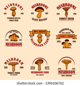 Set of emblems with mushrooms. Design element for poster, logo, label, sign, badge. Vector illustration