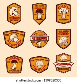 Set of emblems with mushrooms. Design element for poster, logo, label, sign, badge.