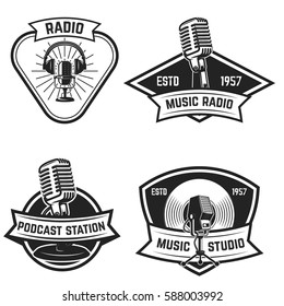 Set Of  Emblems With Old Style Microphone Isolated On White Background. Design Elements For Logo, Label, Sign. Vector Illustration