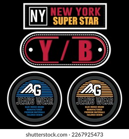 Set of emblems on the background of gray jeans.