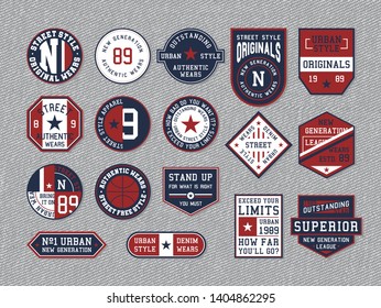 Set of emblems on grey jeans background. 