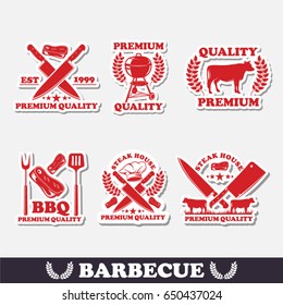 A set of emblems on the topic of BBQ. Barbecue logo, vector image on white background, summer holiday concept on picnic.