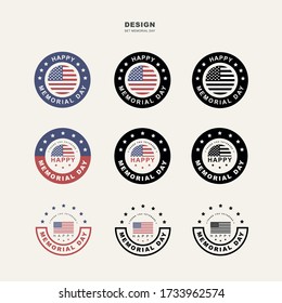 Set of emblems on USA Memorial Day in traditional colors with the flag of America. Remember and Honor. For website, mobile application, banner. Vector illustration