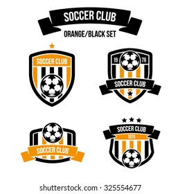 Set of emblems orange/black color for football clubs with the inscription on the ribbon. Soccer ball