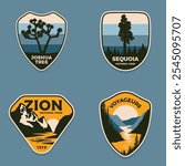 Set Emblems patch logo illustration of Joshua tree, Zion, Sequoia, Voyageurs National Park, USA.