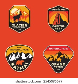 Ilustración del logotipo del parche de Emblemas del glaciar, Capitol Reef, Katmai, Parque Nacional Grand Teton, EE. UU.