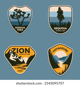 Ilustración del logotipo del parche de emblemas de Joshua tree, Zion, Sequoia, Parque Nacional de los Voyageurs, EE.