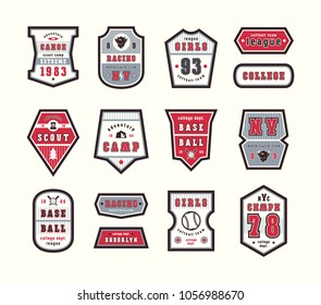 Set of emblems and patches in sport style. Softball, baseball, racing and camping themes. Graphic design for t-shirt