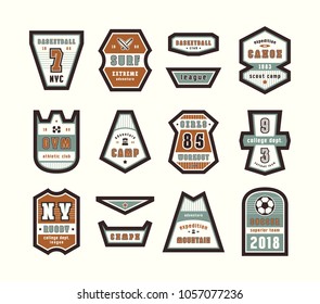 Set of emblems and patches in sport style. Gym, workout, soccer, basketball, rugby, surfing and camping themes. Graphic design for t-shirt