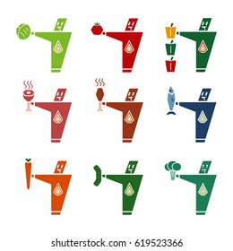 Set of emblems with person holding different food.