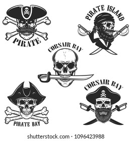 Set of emblems with pirate skulls and weapon. Design element for logo, label, badge, sign. Vector illustration