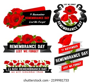 Set of emblems for Remembrance Day. Lest We forget. Cartoon red poppy flowers, international symbol of peace, black memorial ribbon and lettering isolated on white background. Vector Illustration