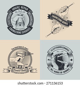 A set of emblems for repair workshop. Logo mechanics, electricians in the style of old-school stamp. The text can be easily removed.