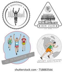 a set of emblems, shortcuts and icons for the design of the sport. there is a marathon, a sprint, a mass race. White background .

